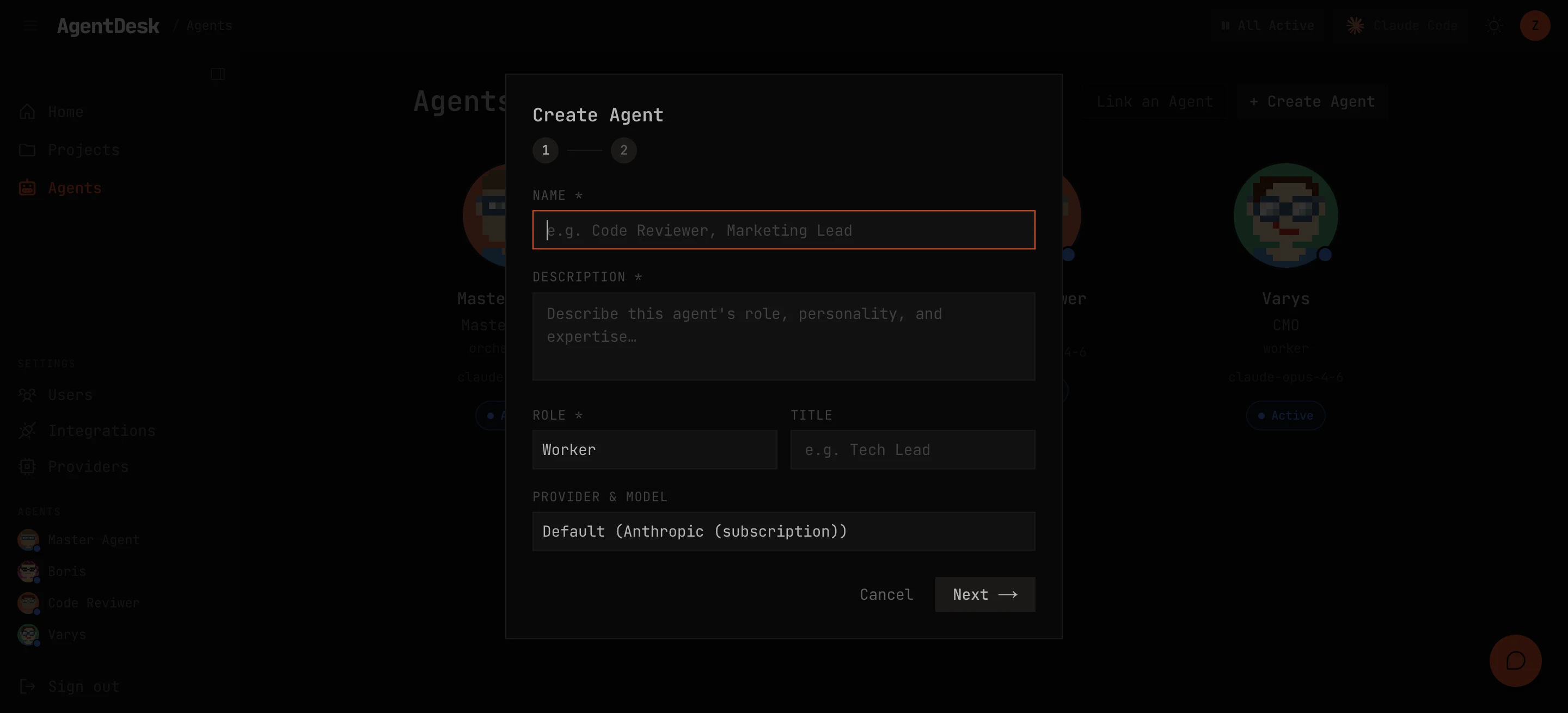 The Create Agent form