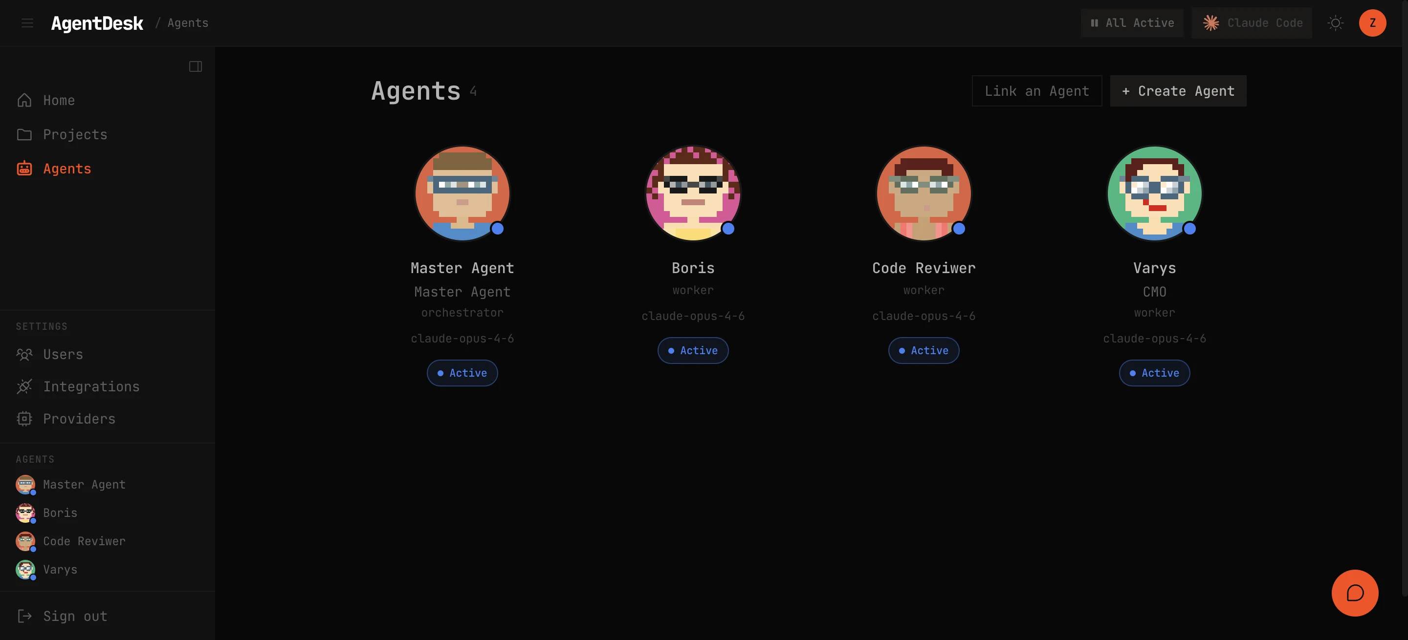 The Agents page listing all agents