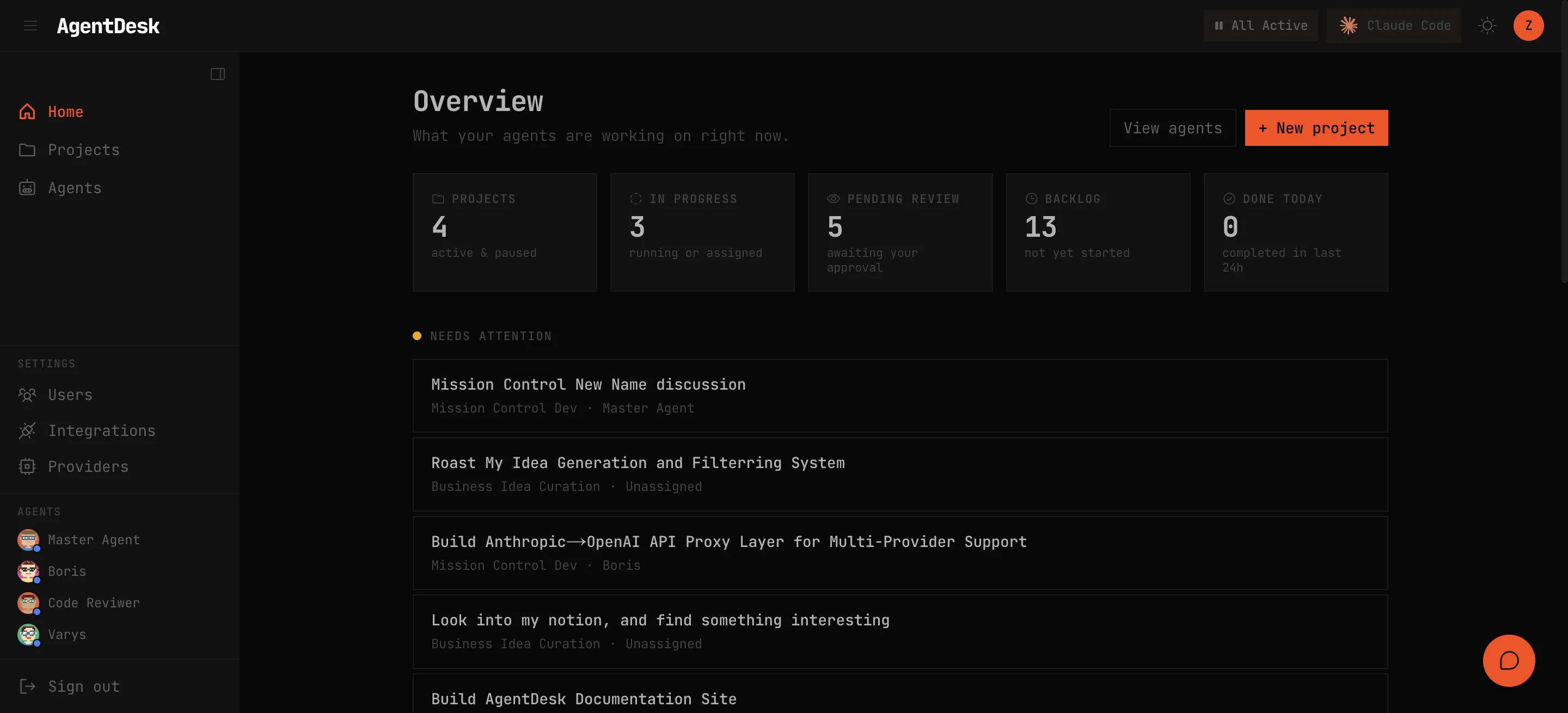 The AgentDesk dashboard showing summary stats, the Needs Attention queue, and the agent roster in the sidebar