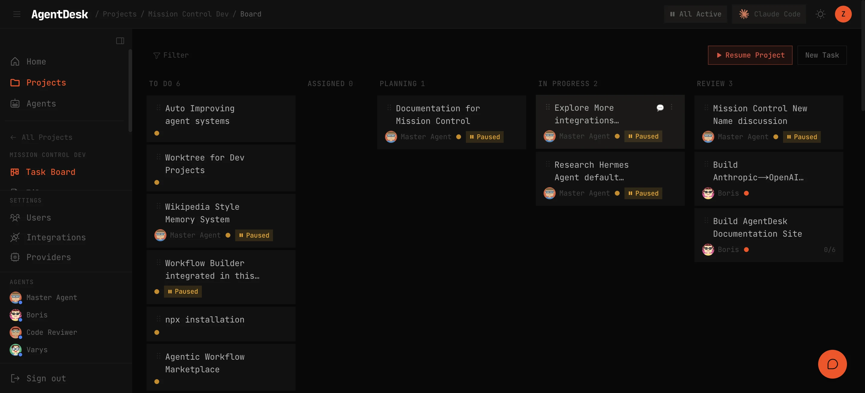 A project Kanban board with its task columns