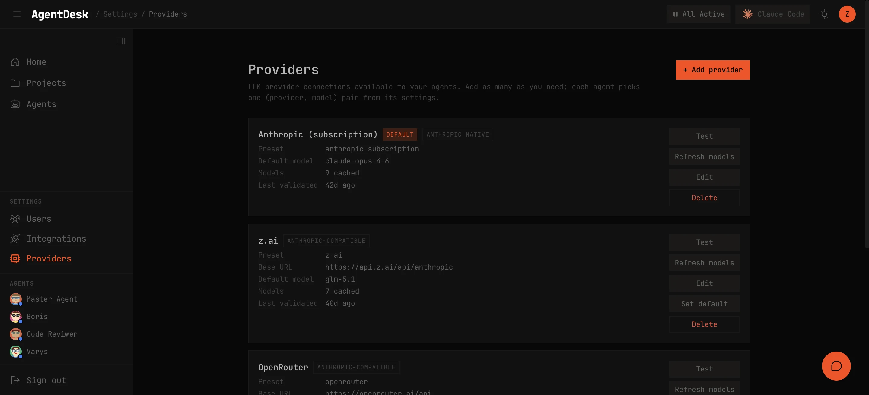 The Providers settings page