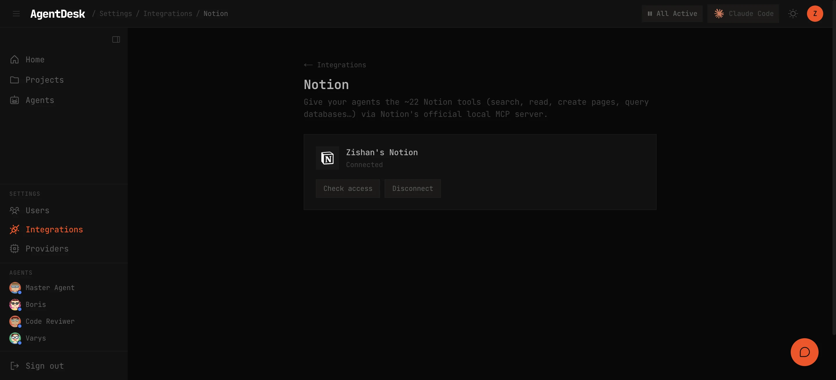The Notion integration settings once connected