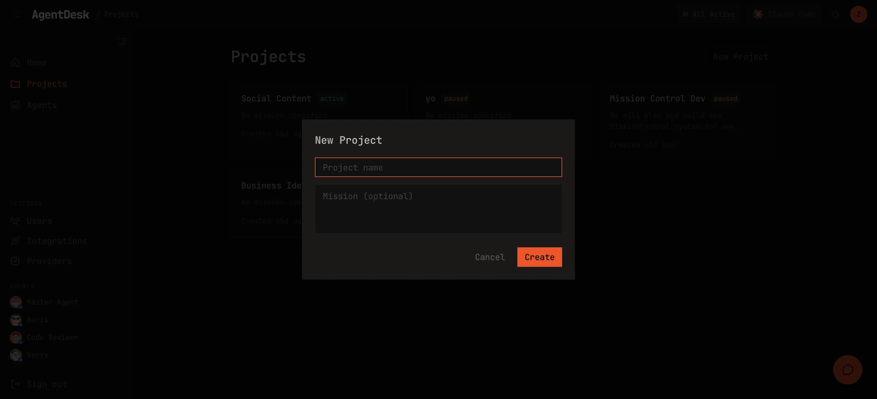 The New Project dialog