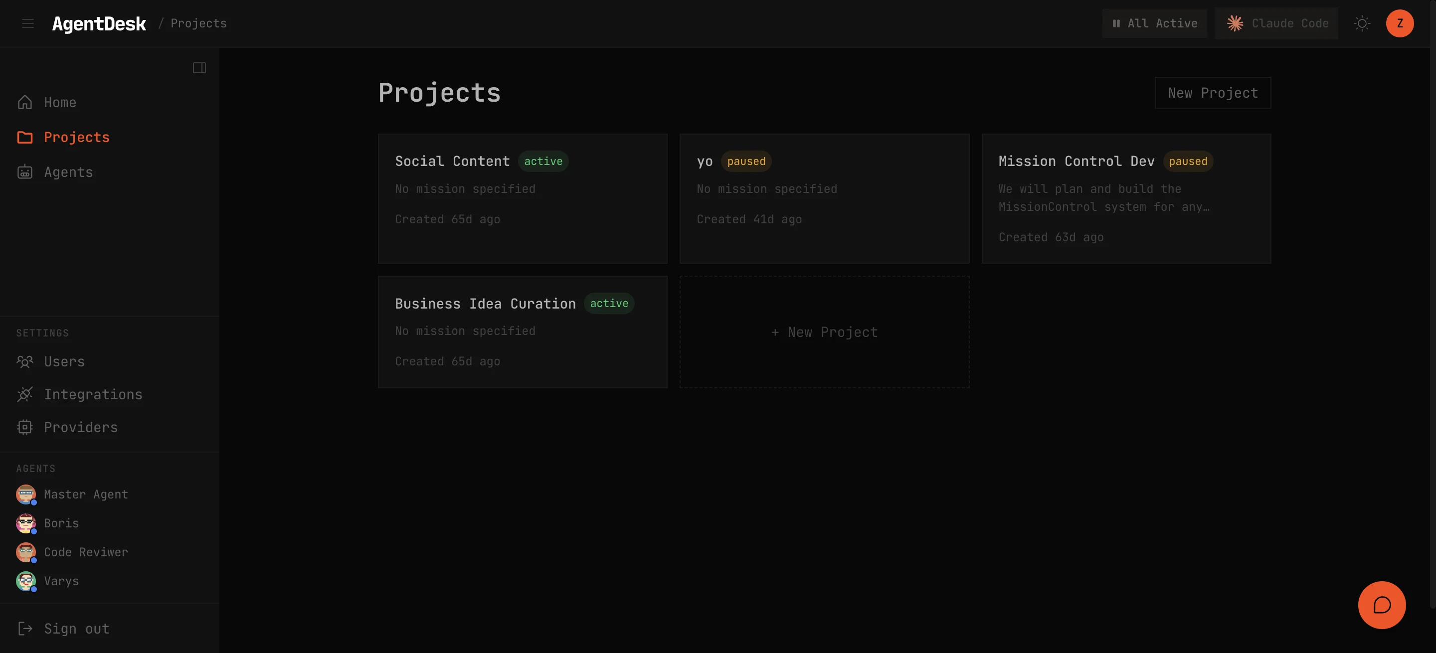The Projects grid in AgentDesk