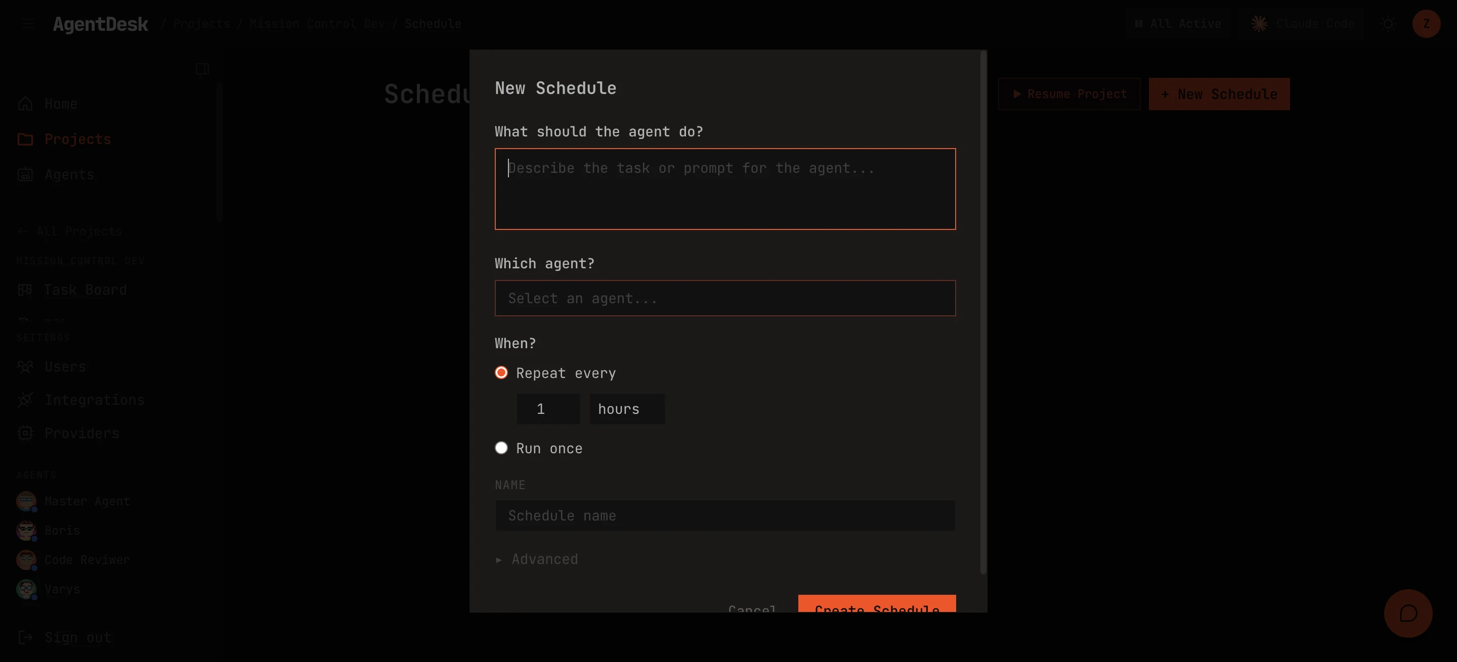 The New Schedule dialog