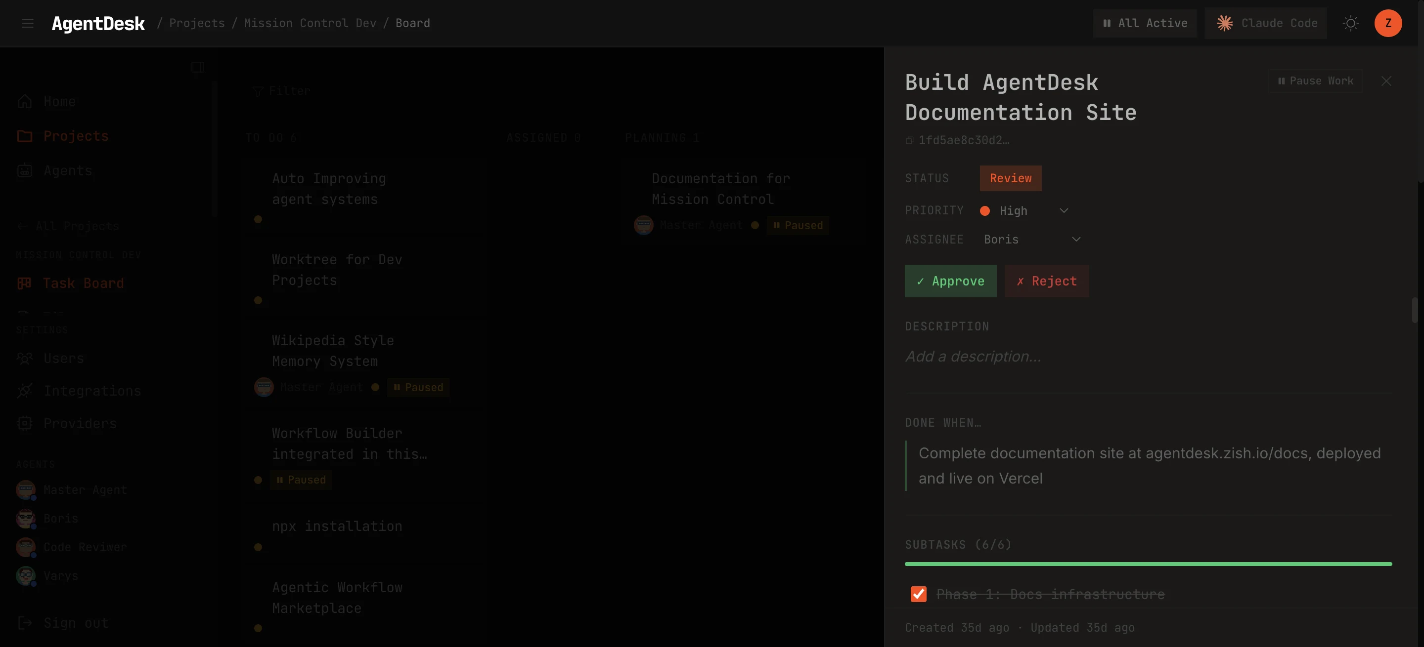 The task detail panel in AgentDesk