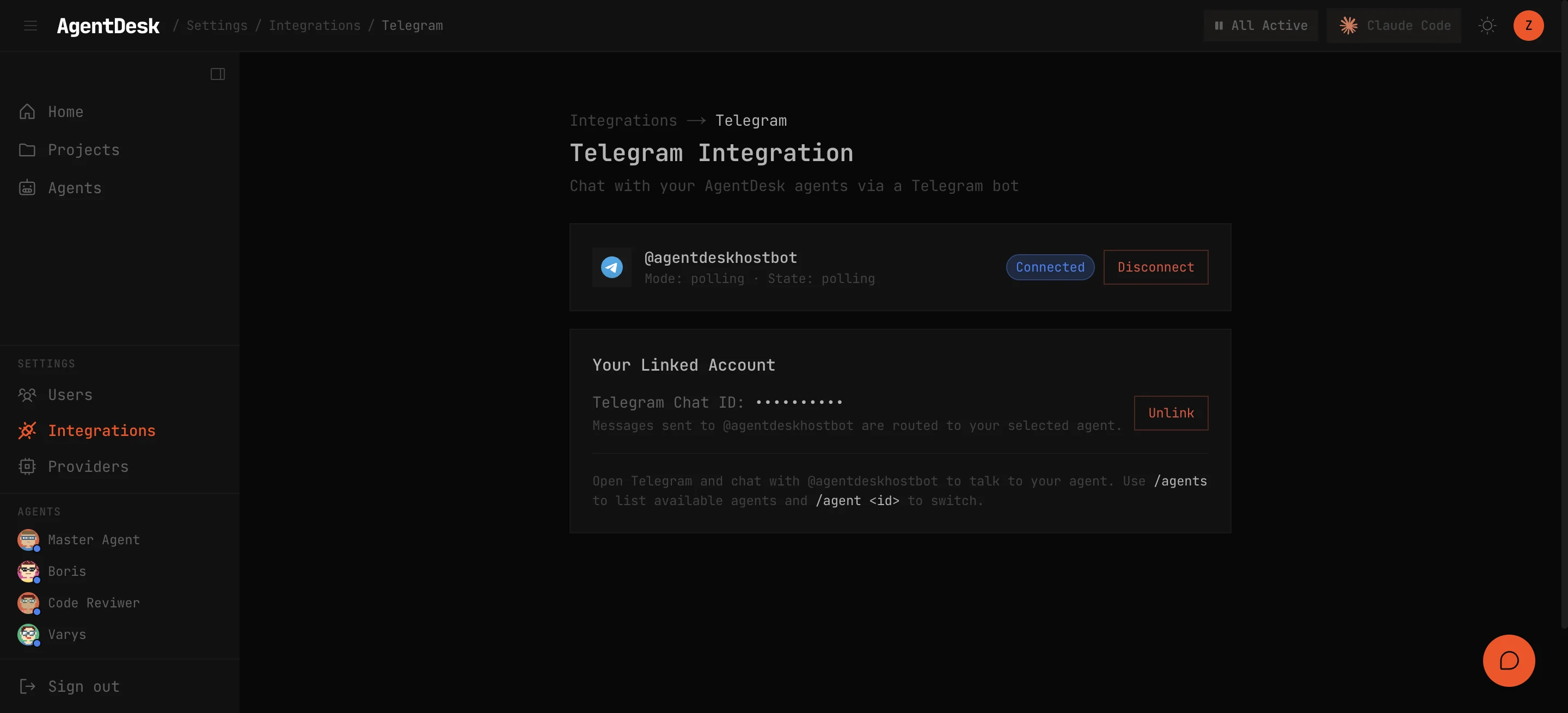 The Telegram integration settings once connected